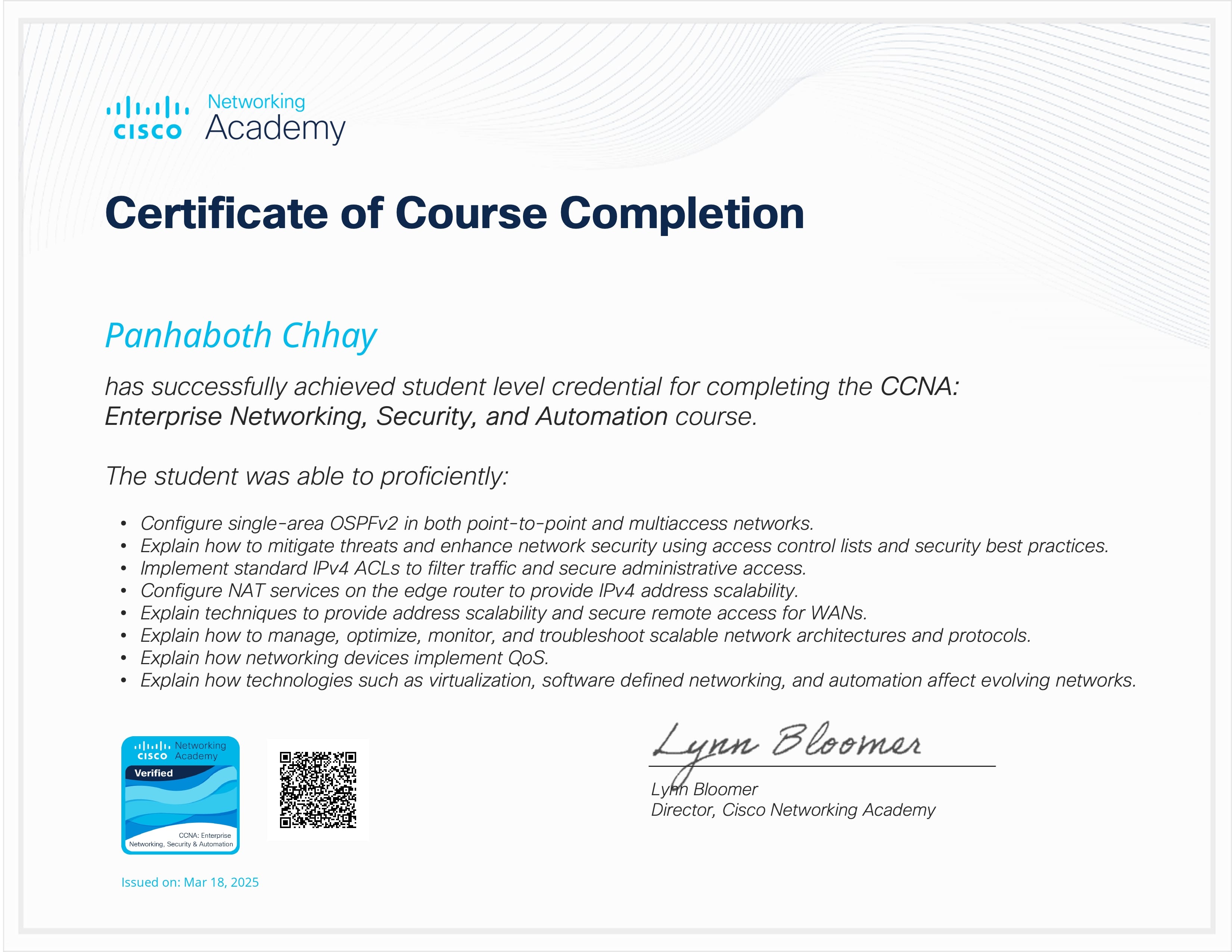 CCNA: Enterprise Networking, Security, and Automation Certificate